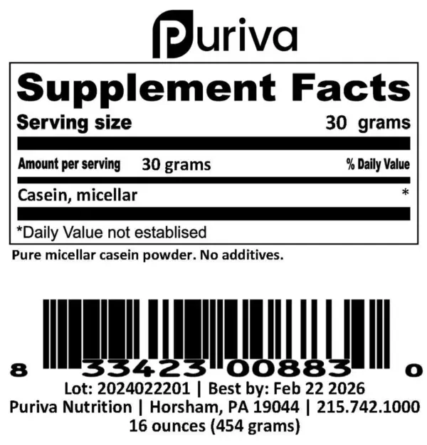 Protein powder, Micellar Casein Isolate, plain, 1 pound, by Puriva Nutrition - Image 2